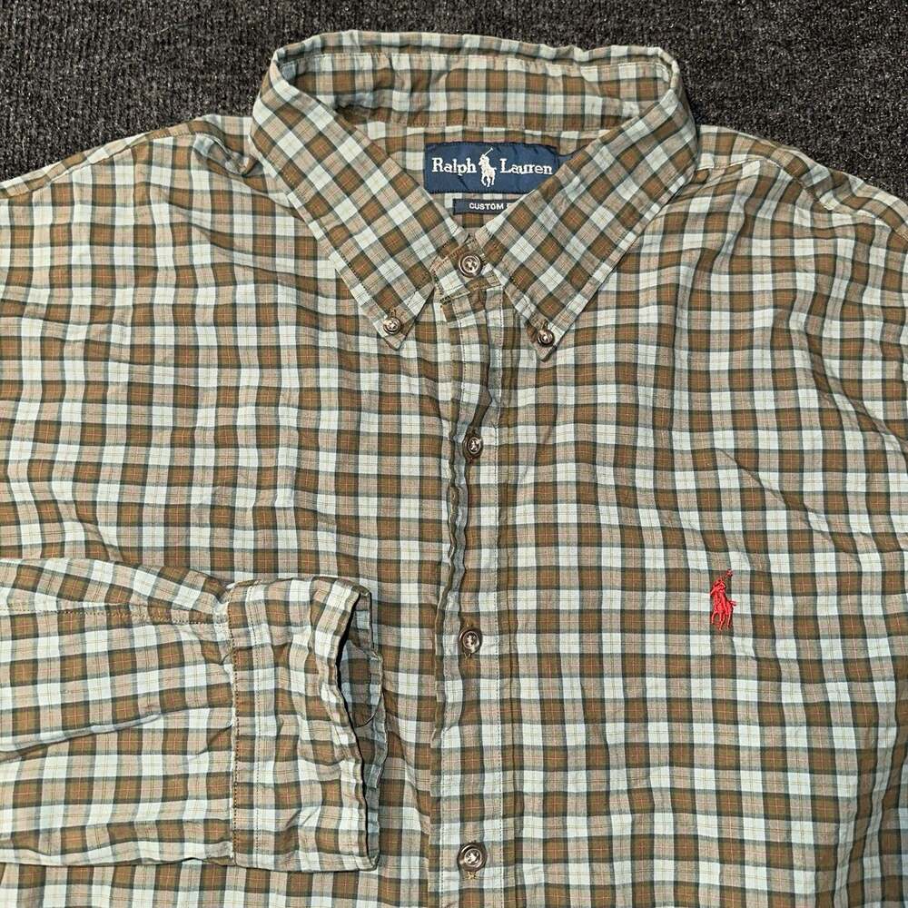 Ralph Lauren Polo Shirt Mens XXL Custom Fit Plaid Brown Green Long Sleeve Pony